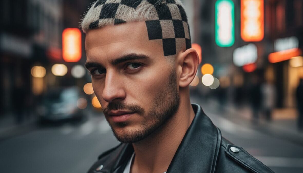 Schachbrett Frisur, der Trend von Karomuster auf dem Kopf